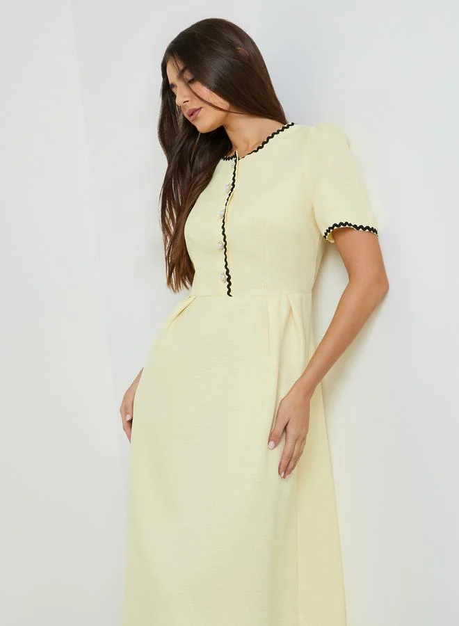 Take Two Yellow Ric-Rac Trim A-Line Midi Dress