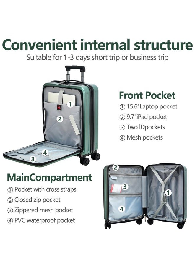 TydeCkare 2pcs 20/28" Luggage Set Lightweight HardShell, Only 20 Inch Carry On 21.65*15.35*7.87" Cabin Suitcase with Front Pocket, 28 Inch 19.68*11.81*29.92" Checked Luggage, YKK Zipper, Lock, Dark Green - Image 3