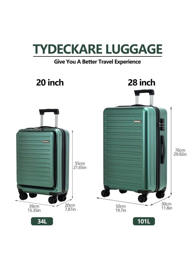 TydeCkare 2pcs 20/28" Luggage Set Lightweight HardShell, Only 20 Inch Carry On 21.65*15.35*7.87" Cabin Suitcase with Front Pocket, 28 Inch 19.68*11.81*29.92" Checked Luggage, YKK Zipper, Lock, Dark Green - Image 2
