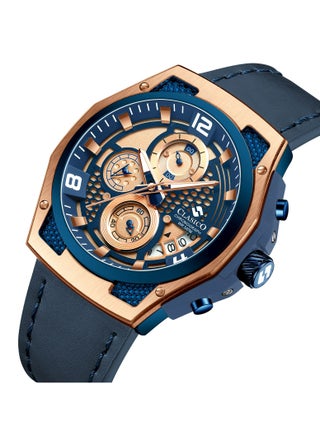 Raptor 6-Hands Chronograph Watch – Gold & Blue Edition with Genuine Leather Strap – Elite Y121 Calibre Movement – Waterproof Design - view 2