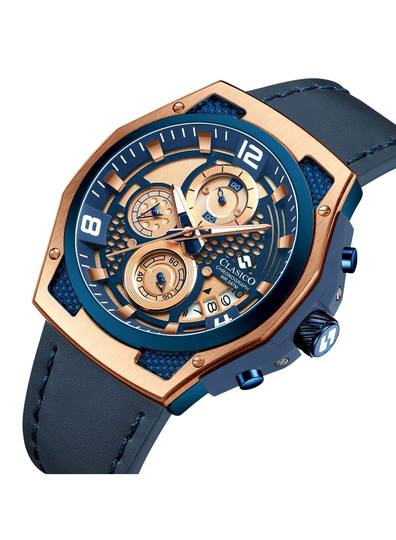 Clasico ساعة كرونوغراف رابتور 6-أيدي – إصدار ذهبي وأزرق مع حزام جلد طبيعي – حركة عيار النخبة Y121 – تصميم مقاوم للماء - Image 2