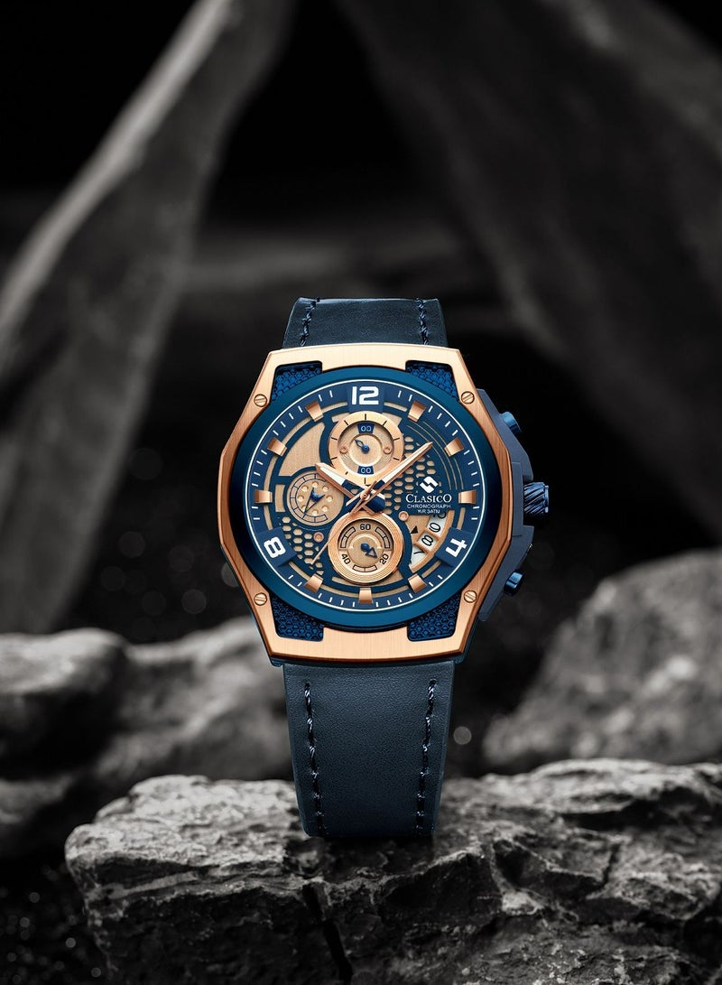 Clasico ساعة كرونوغراف رابتور 6-أيدي – إصدار ذهبي وأزرق مع حزام جلد طبيعي – حركة عيار النخبة Y121 – تصميم مقاوم للماء - Image 3