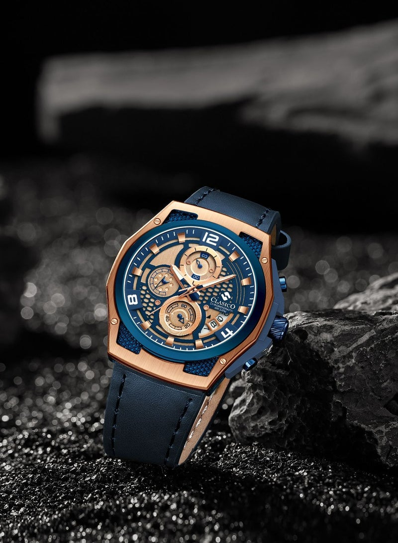 Clasico ساعة كرونوغراف رابتور 6-أيدي – إصدار ذهبي وأزرق مع حزام جلد طبيعي – حركة عيار النخبة Y121 – تصميم مقاوم للماء - Image 4