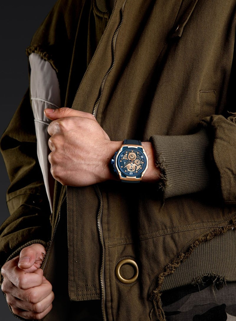 Clasico ساعة كرونوغراف رابتور 6-أيدي – إصدار ذهبي وأزرق مع حزام جلد طبيعي – حركة عيار النخبة Y121 – تصميم مقاوم للماء - Image 5