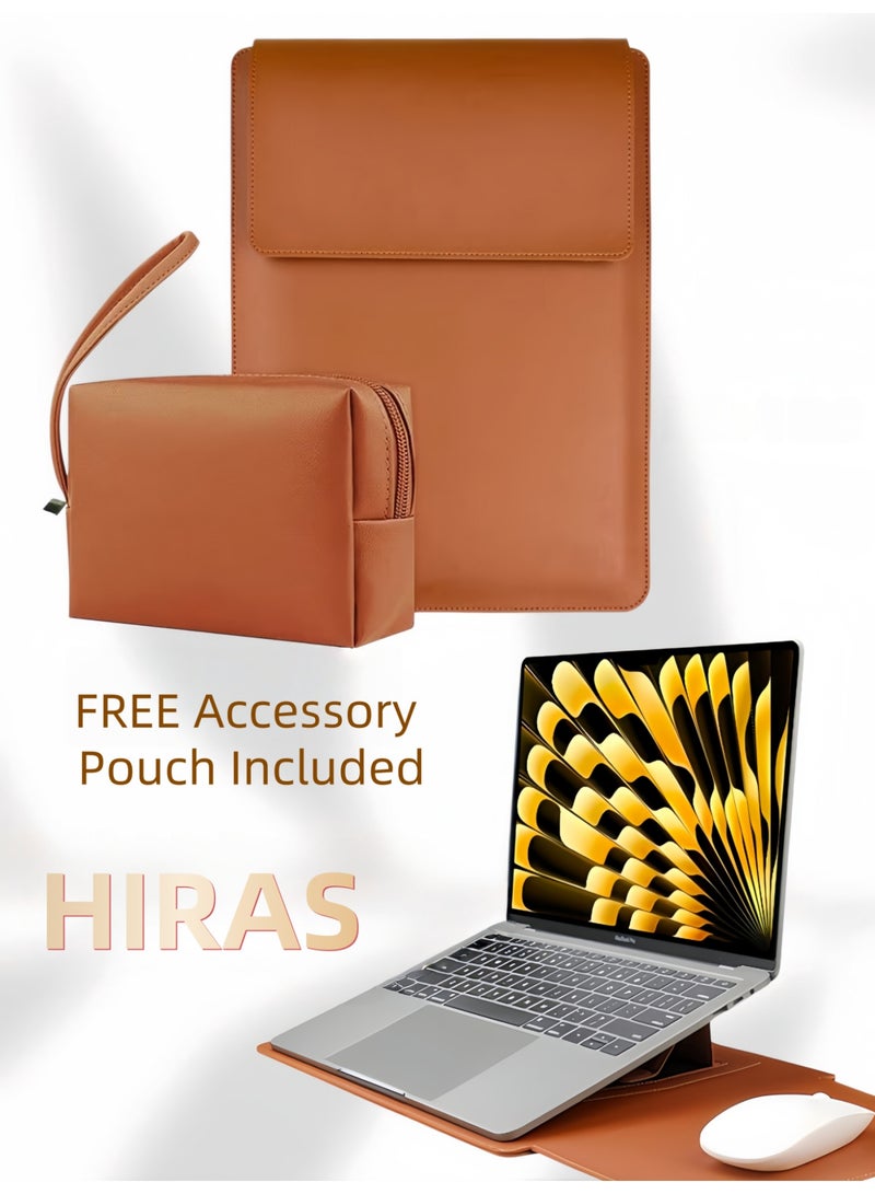 Hiras Laptop Sleeve 14 inch 3-in-1 with Foldable Stand, Mouse Pad & Accessory Pouch for MacBook , Brown - Image 1