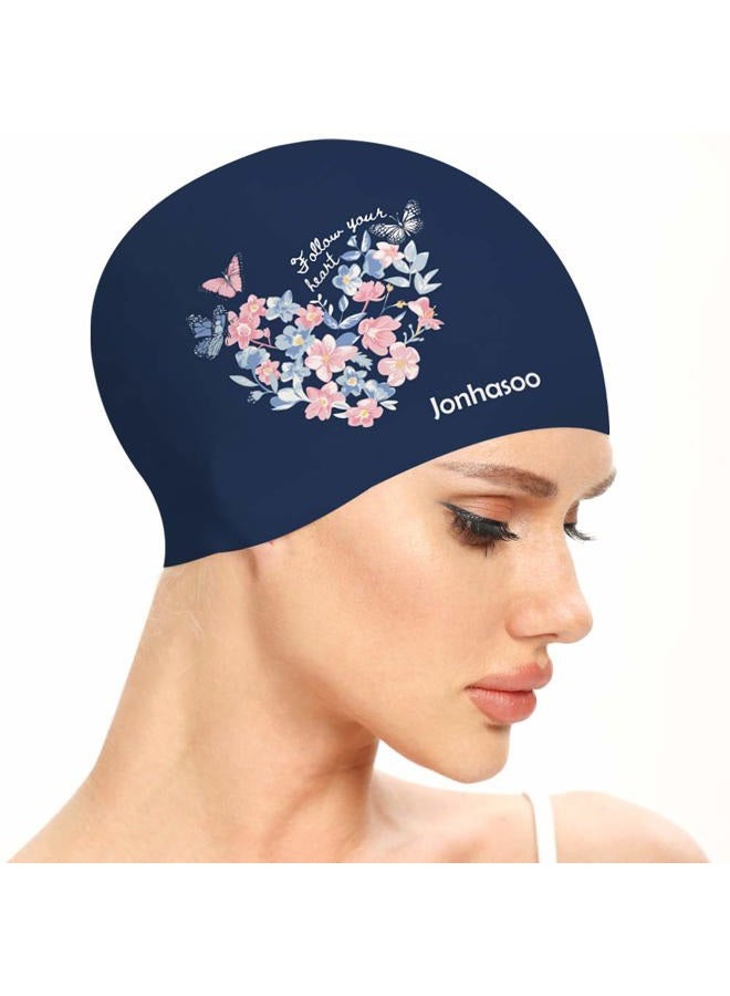 Jonhasoo Swim Cap Women, Silicone Swimming Cap for Long Hair with Leaf Printed - Image 1