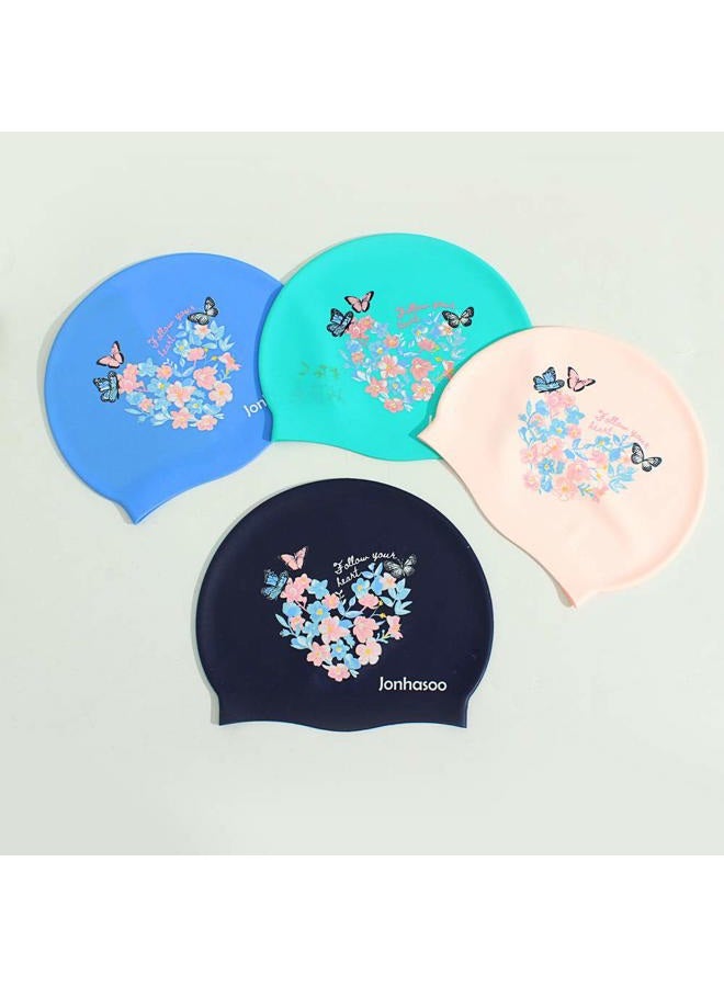 Jonhasoo Swim Cap Women, Silicone Swimming Cap for Long Hair with Leaf Printed - Image 5