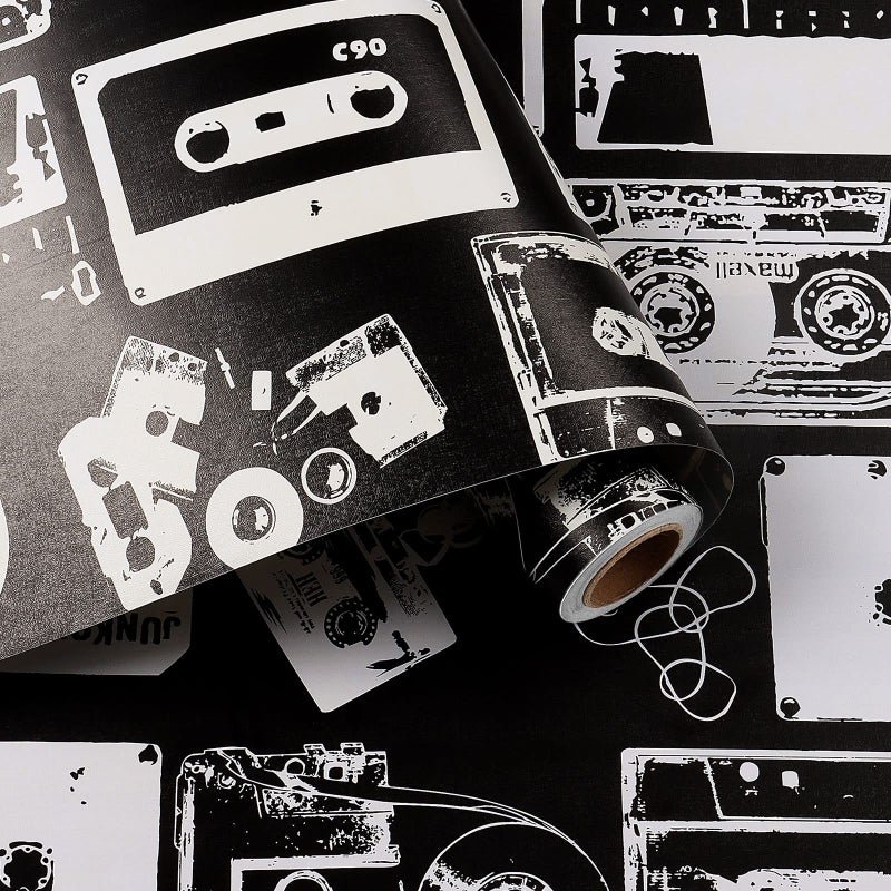 HelloWall 17.7"x80" Vintage Wallpaper Peel and Stick Retro Black and White Wallpaper for Bathroom Accent Wall Paper Waterproof Videotape Self Adhesive Removable Black White Contact Paper for Bookcase - Image 1