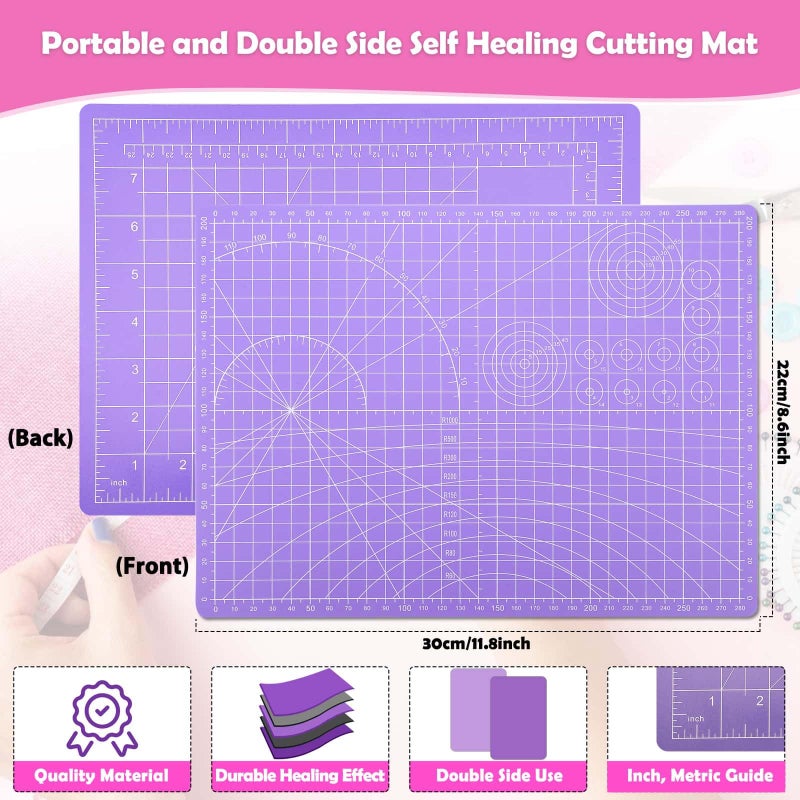 Audab Rotary Fabric Cutter and Mat Set, Audab Self Healing Sewing Mats Shirt Cutter 45mm Rotary Cutting Wheel with Fabric Tool Blades for Cloth Crafts Quilting Scrapbooking Hobby (A4 9" x 12" Purple) - Image 4