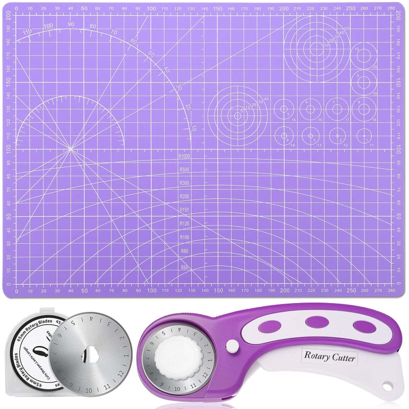 Audab Rotary Fabric Cutter and Mat Set, Audab Self Healing Sewing Mats Shirt Cutter 45mm Rotary Cutting Wheel with Fabric Tool Blades for Cloth Crafts Quilting Scrapbooking Hobby (A4 9" x 12" Purple) - Image 1
