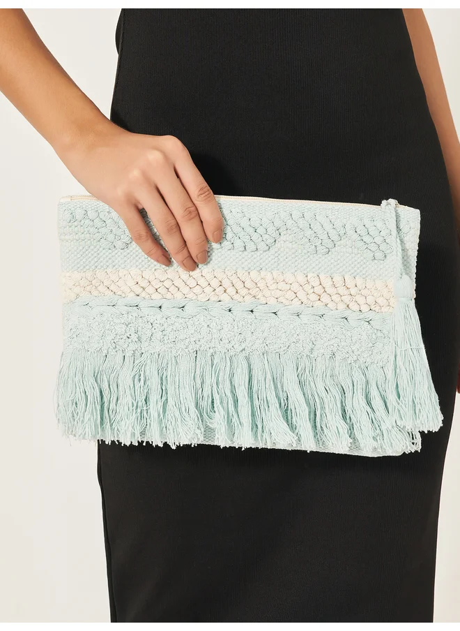 Styli Styli Pattern Fringe Clutch with Tassel Detail