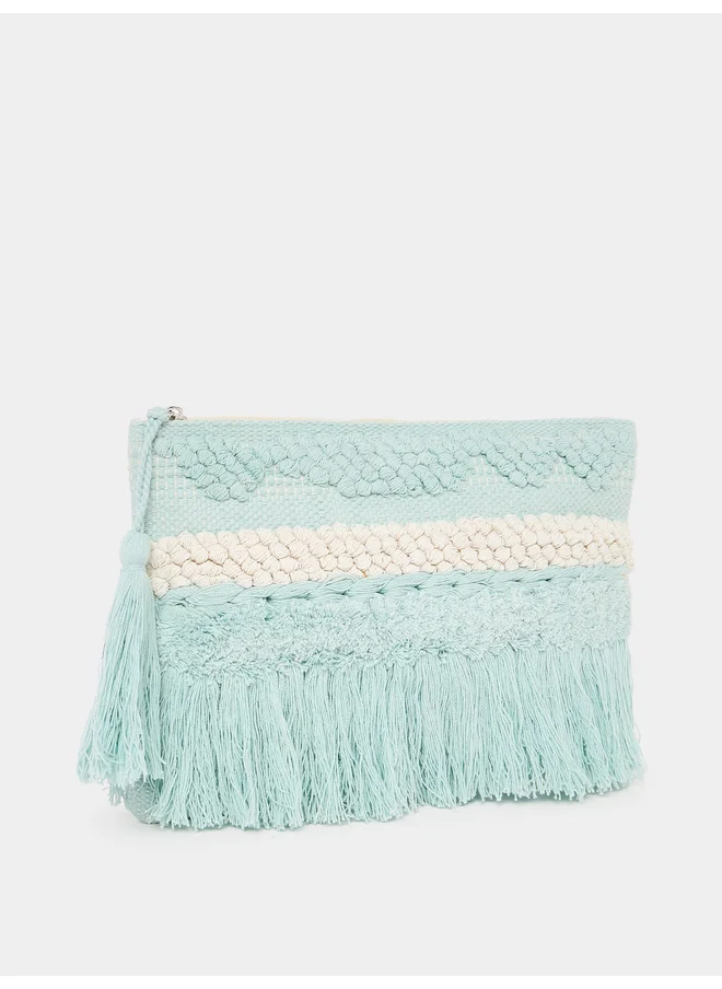Styli Styli Pattern Fringe Clutch with Tassel Detail