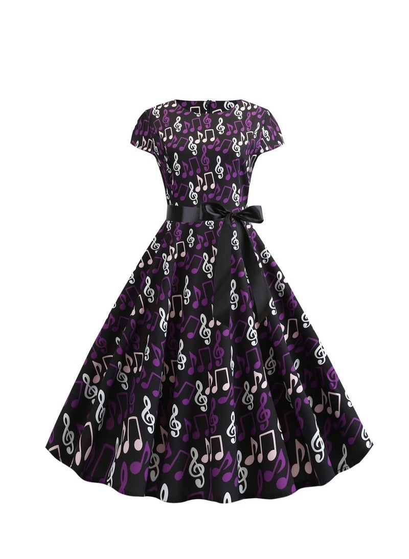 Loquat Round neck sleeve wrapped note printed black ribbon large swing dress retro Purple  - Image 1