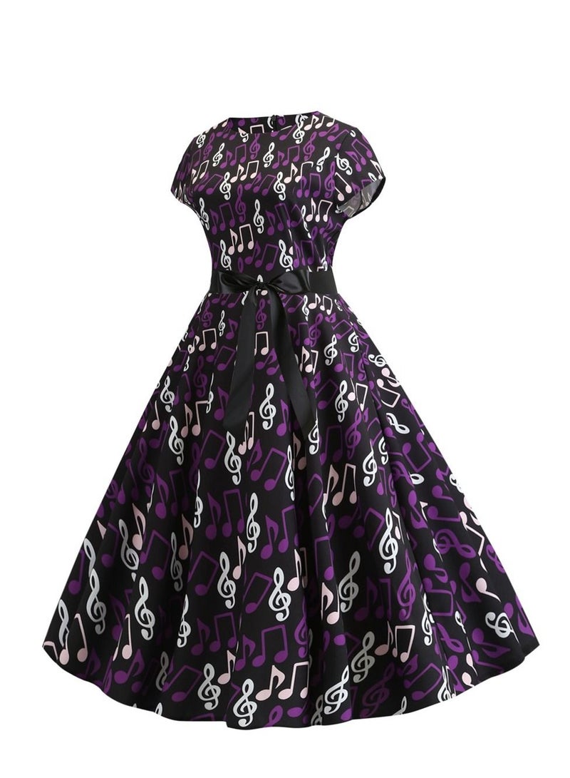 Loquat Round neck sleeve wrapped note printed black ribbon large swing dress retro Purple  - Image 2