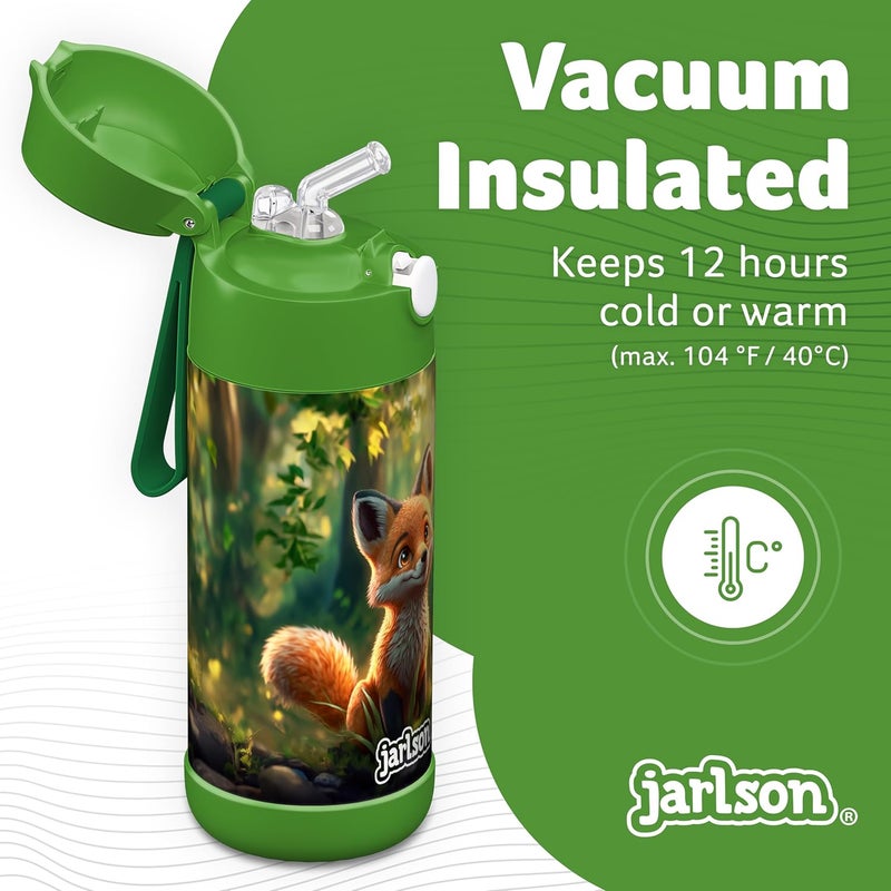 Jarlson قارورة مياه أطفال جارلسون® شارلي [12 أونصة] - قارورة ترمس فولاذية مقاومة للصدأ مع قشة - قارورة مياه معزولة مقاومة للانسكاب للمدرسة والرياضة - كوب ترمس للأولاد والبنات (ثعلب) - Image 2