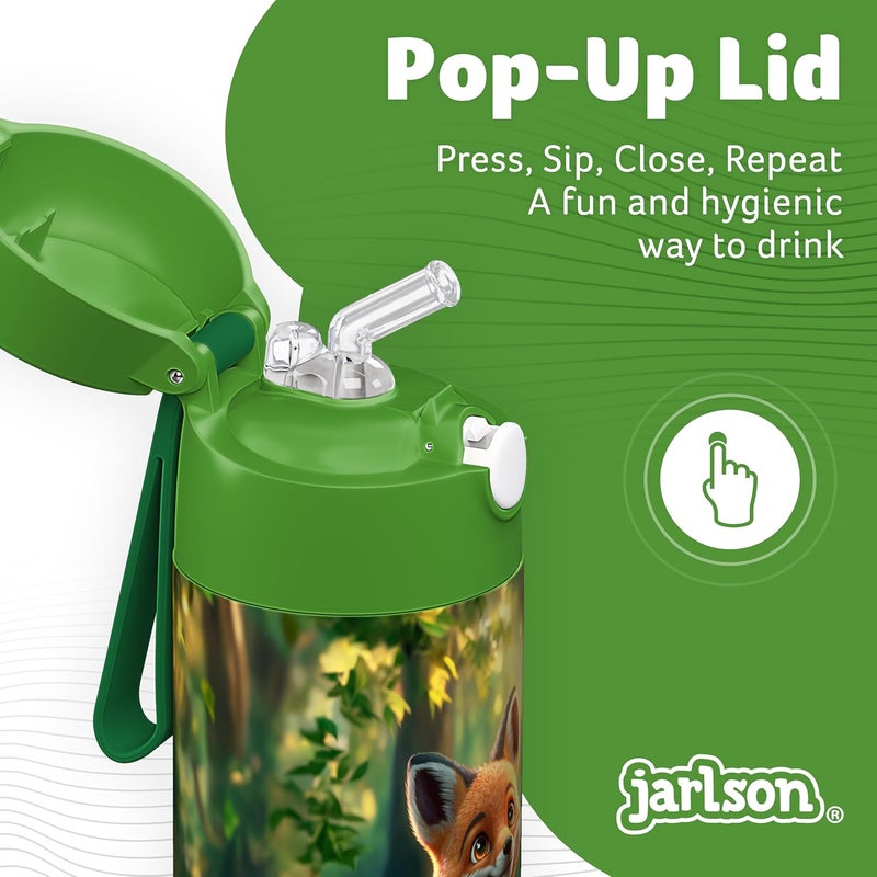 Jarlson قارورة مياه أطفال جارلسون® شارلي [12 أونصة] - قارورة ترمس فولاذية مقاومة للصدأ مع قشة - قارورة مياه معزولة مقاومة للانسكاب للمدرسة والرياضة - كوب ترمس للأولاد والبنات (ثعلب) - Image 4