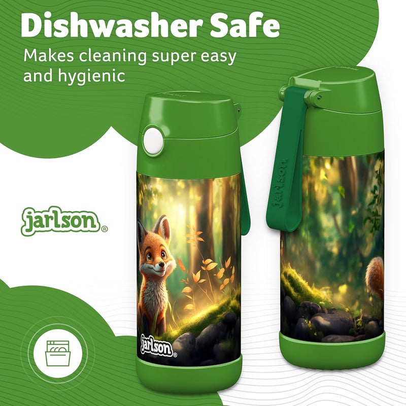 Jarlson قارورة مياه أطفال جارلسون® شارلي [12 أونصة] - قارورة ترمس فولاذية مقاومة للصدأ مع قشة - قارورة مياه معزولة مقاومة للانسكاب للمدرسة والرياضة - كوب ترمس للأولاد والبنات (ثعلب) - Image 3