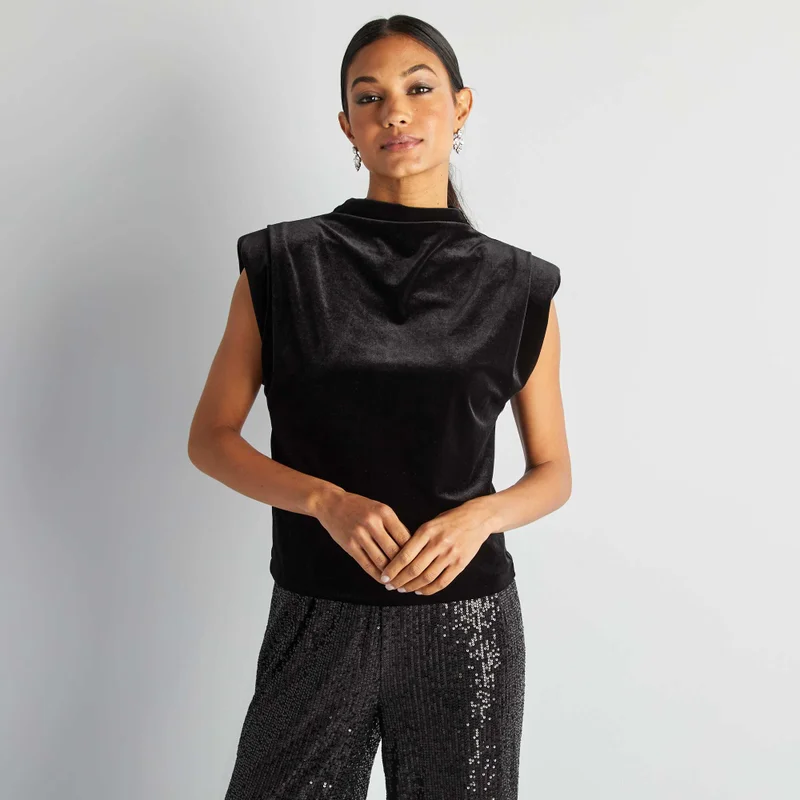 Kiabi Sleeveless Velour T-Shirt With Shoulder Pads Black