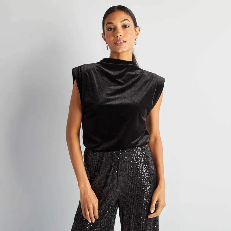 Kiabi Sleeveless Velour T-Shirt With Shoulder Pads Black