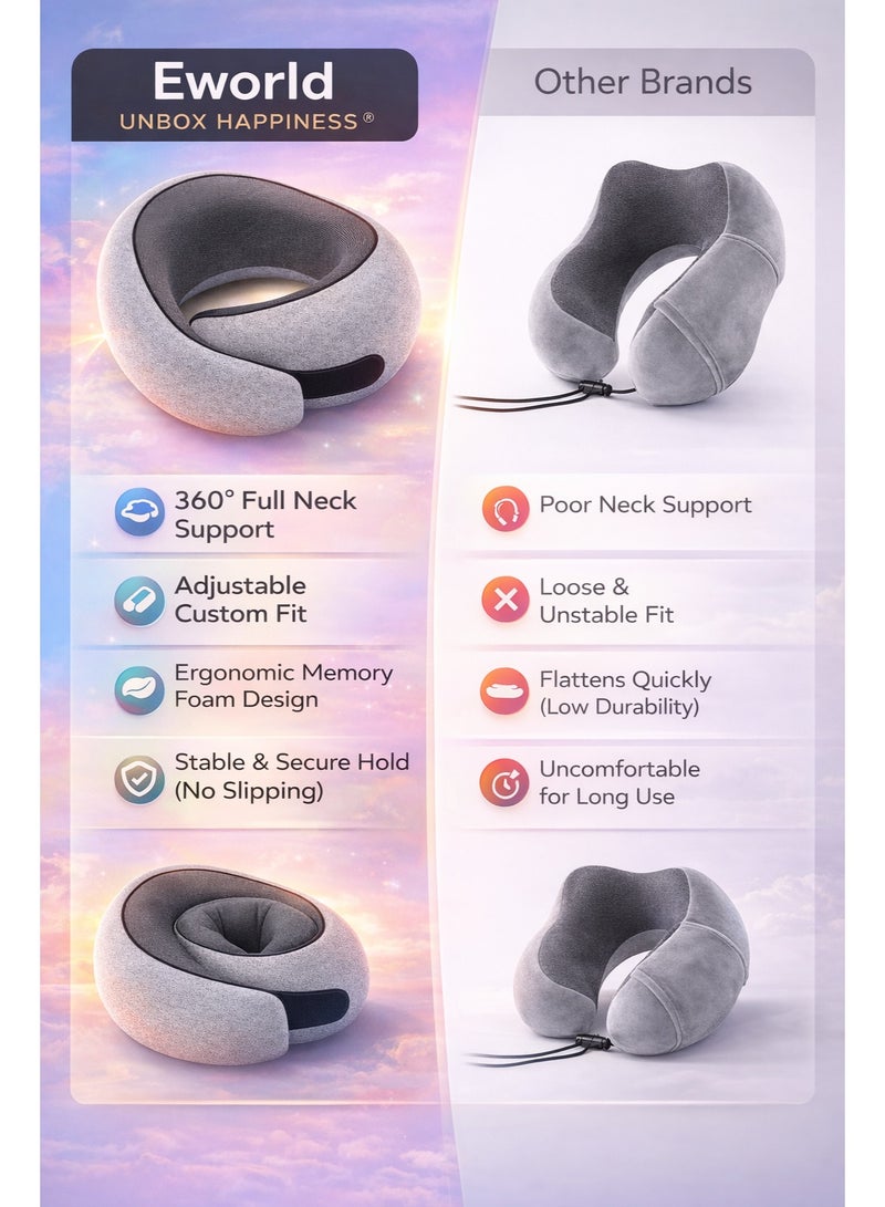 Eworld Memory Foam Travel Neck Pillow Set with Eye Mask & Ear Plugs, Ergonomic Chin Support Cushion for Airplane, Car & Train Travel, Grey - Image 4