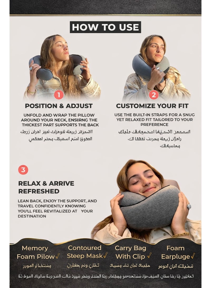 Eworld Memory Foam Travel Neck Pillow Set with Eye Mask & Ear Plugs, Ergonomic Chin Support Cushion for Airplane, Car & Train Travel, Grey - Image 3