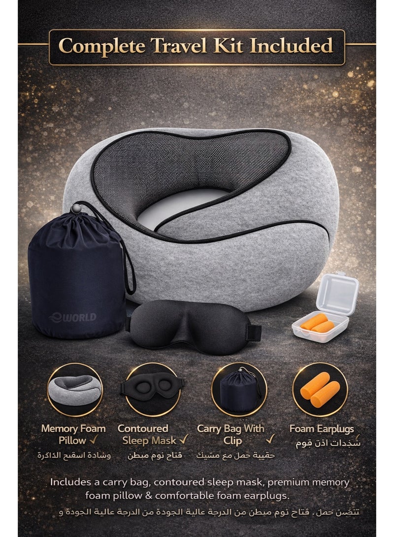 Eworld Memory Foam Travel Neck Pillow Set with Eye Mask & Ear Plugs, Ergonomic Chin Support Cushion for Airplane, Car & Train Travel, Grey - Image 2