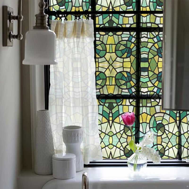 funlife Original Hand-Drawn Faux Stained Glass Window Film, Double-Sided Static Cling Window Cling Suitable for Entryway, Reusable Glass Windows Door Decor, Green Glass Mosaic, 11.8"x118" - Image 1