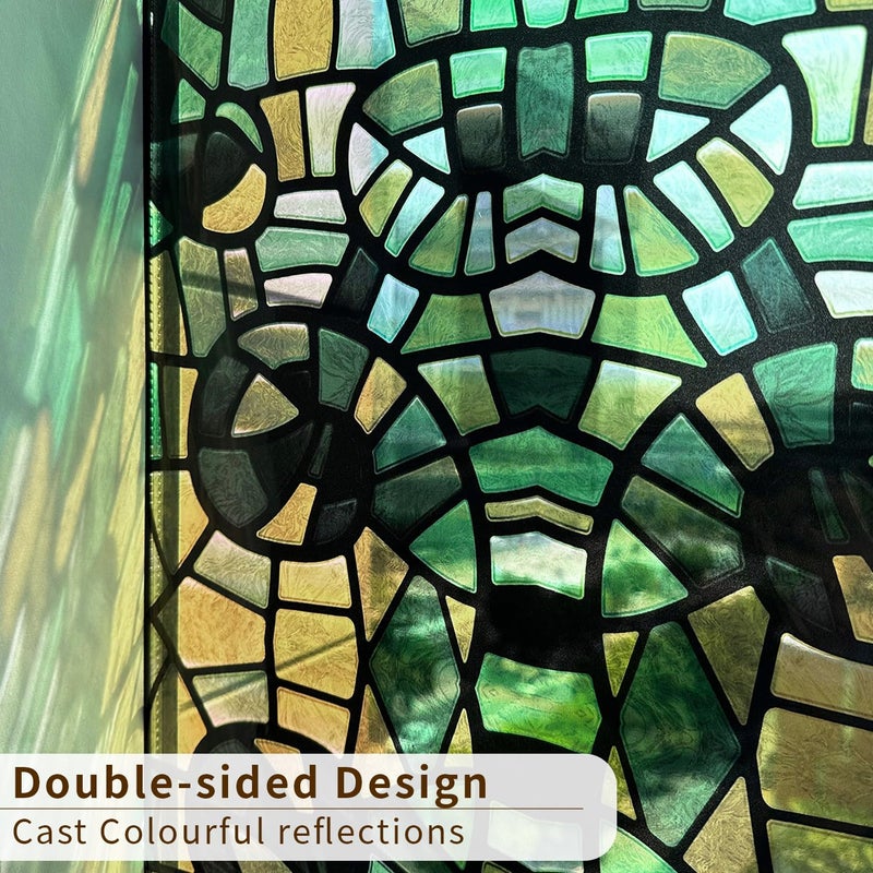 funlife Original Hand-Drawn Faux Stained Glass Window Film, Double-Sided Static Cling Window Cling Suitable for Entryway, Reusable Glass Windows Door Decor, Green Glass Mosaic, 11.8"x118" - Image 2