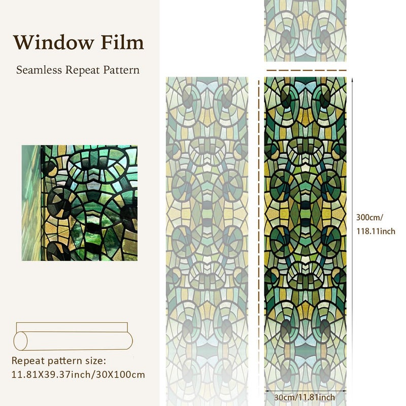 funlife Original Hand-Drawn Faux Stained Glass Window Film, Double-Sided Static Cling Window Cling Suitable for Entryway, Reusable Glass Windows Door Decor, Green Glass Mosaic, 11.8"x118" - Image 3