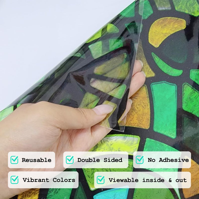 funlife Original Hand-Drawn Faux Stained Glass Window Film, Double-Sided Static Cling Window Cling Suitable for Entryway, Reusable Glass Windows Door Decor, Green Glass Mosaic, 11.8"x118" - Image 4