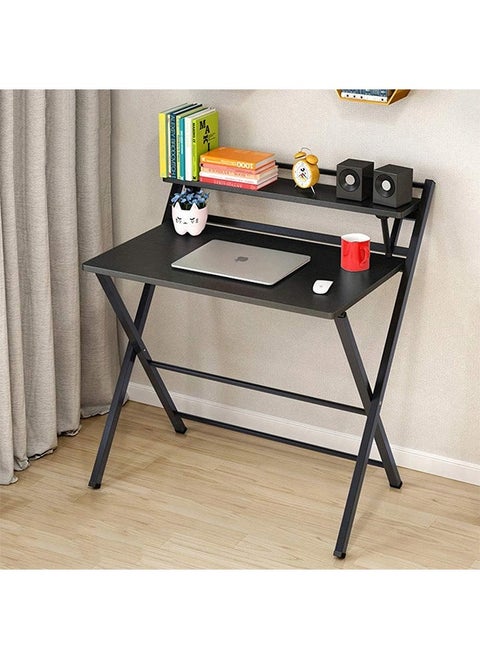 Installation-Free Folding Desk,Office Computer Desk,Thickened Steel Tube Material,Oak Desktop,With Bookshelf,Suitable for Small Space(Black Color 80cm)