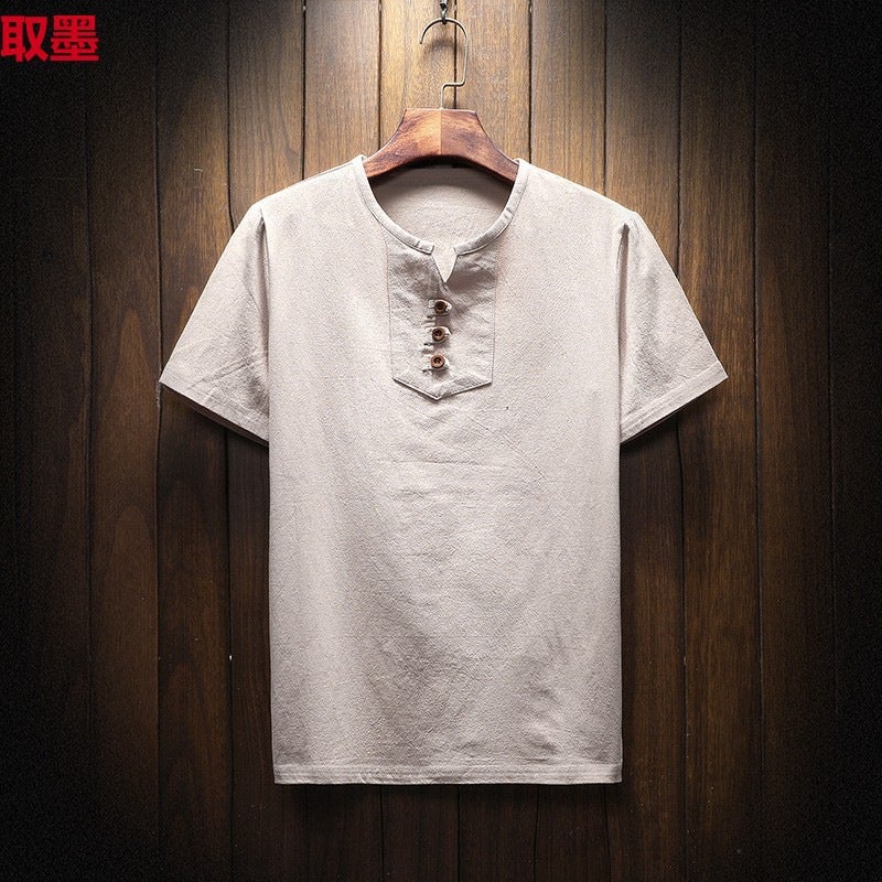 Men'S Plus Size Fashion Casual Imitation Cotton And Linen Short Sleeve T-Shirt Solid Color Chinese Style T-Shirt Factory - Image 3