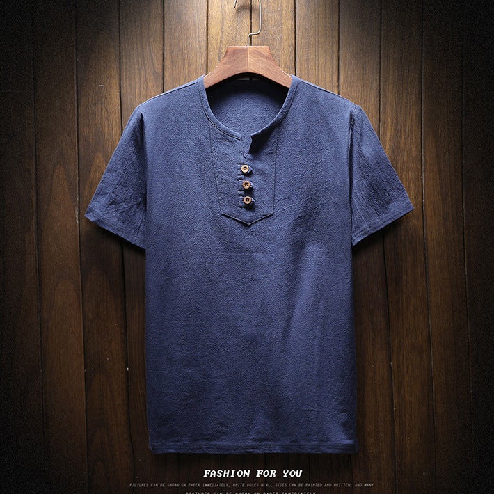 Men'S Plus Size Fashion Casual Imitation Cotton And Linen Short Sleeve T-Shirt Solid Color Chinese Style T-Shirt Factory - Image 1