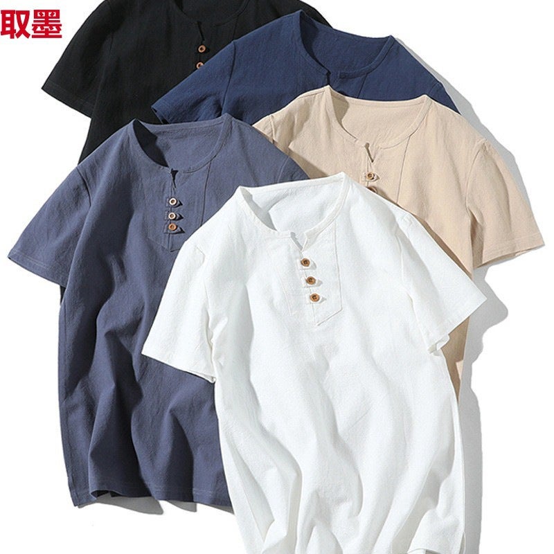 Men'S Plus Size Fashion Casual Imitation Cotton And Linen Short Sleeve T-Shirt Solid Color Chinese Style T-Shirt Factory - Image 4