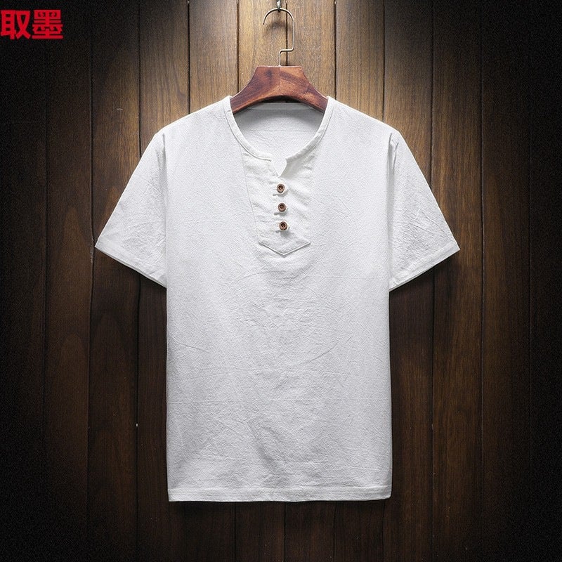 Men'S Plus Size Fashion Casual Imitation Cotton And Linen Short Sleeve T-Shirt Solid Color Chinese Style T-Shirt Factory - Image 2