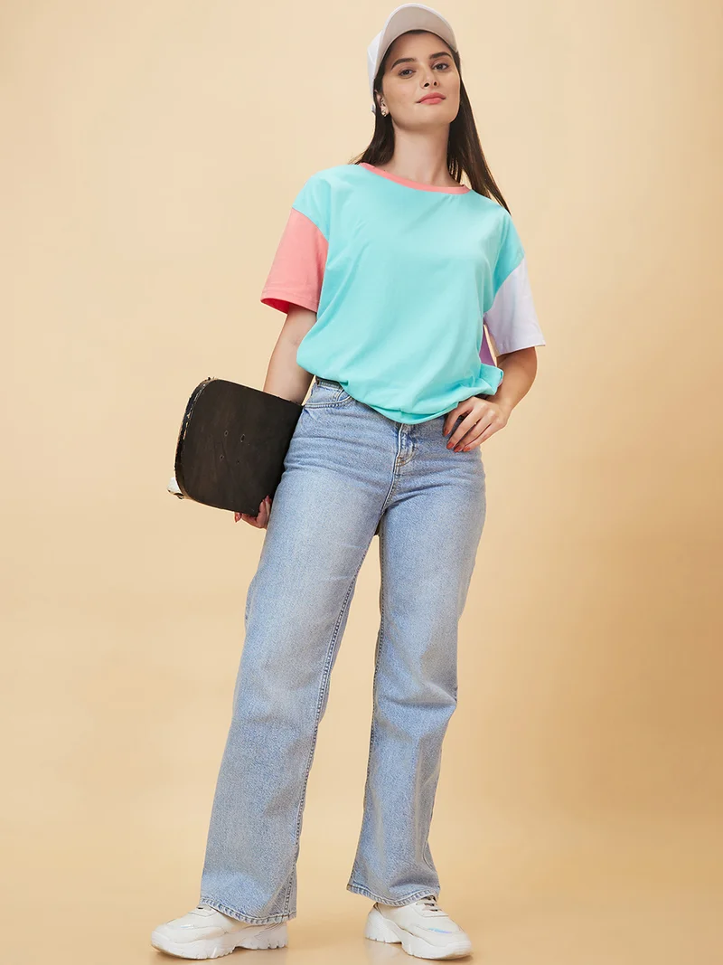 Women Colourblocked Pure Cotton Oversized Casual T-Shirt