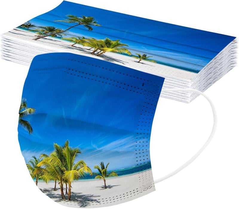 woobles 50PCS Summer Printed Disposable Face Masks with Design for Adults Beach Fruit Coconut Palm Paper Masks Full Face Protection H Beach 2 - Image 3