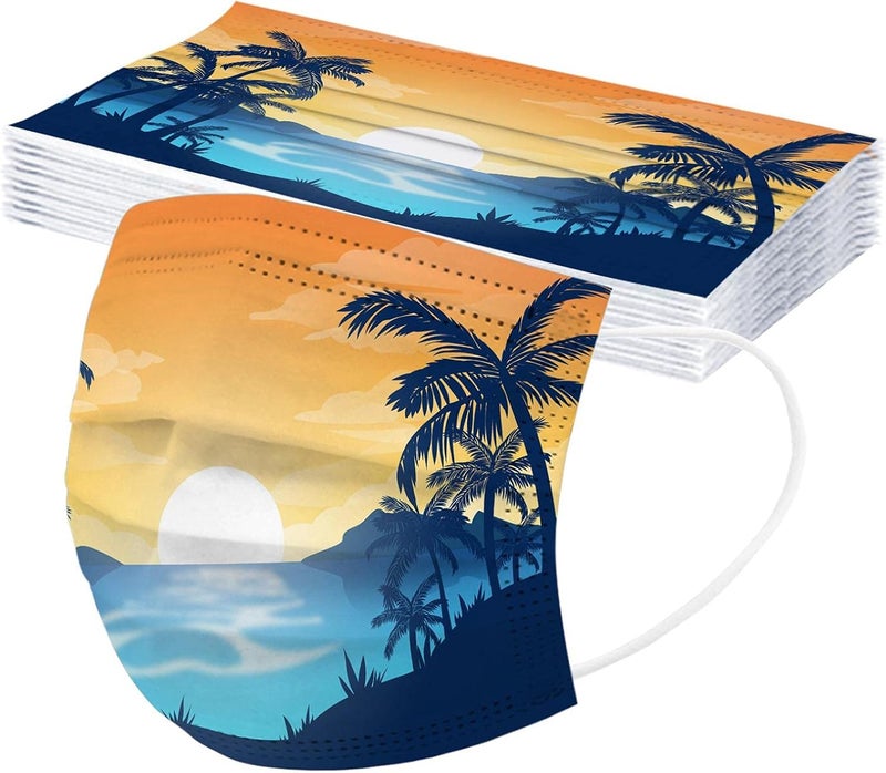 woobles 50PCS Summer Printed Disposable Face Masks with Design for Adults Beach Fruit Coconut Palm Paper Masks Full Face Protection H Beach 2 - Image 4