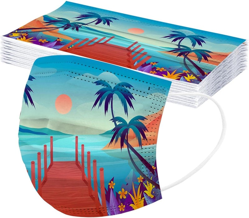 woobles 50PCS Summer Printed Disposable Face Masks with Design for Adults Beach Fruit Coconut Palm Paper Masks Full Face Protection H Beach 2 - Image 2