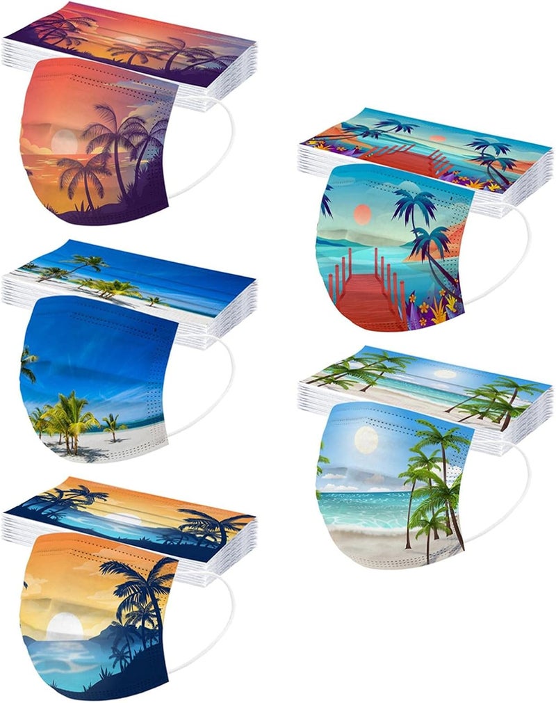 woobles 50PCS Summer Printed Disposable Face Masks with Design for Adults Beach Fruit Coconut Palm Paper Masks Full Face Protection H Beach 2 - Image 1