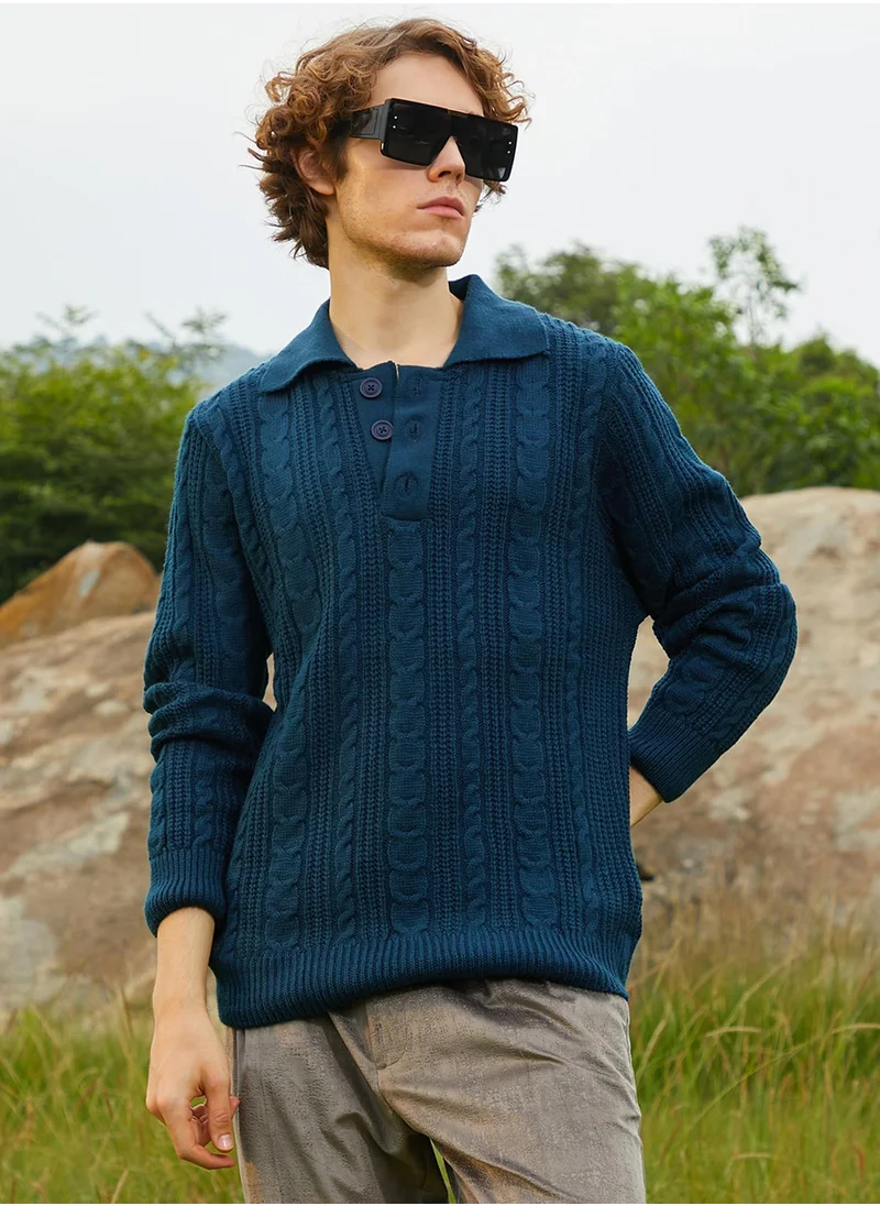 Campus Sutra Men's Admiral Blue Braid-Knit Collared Sweater