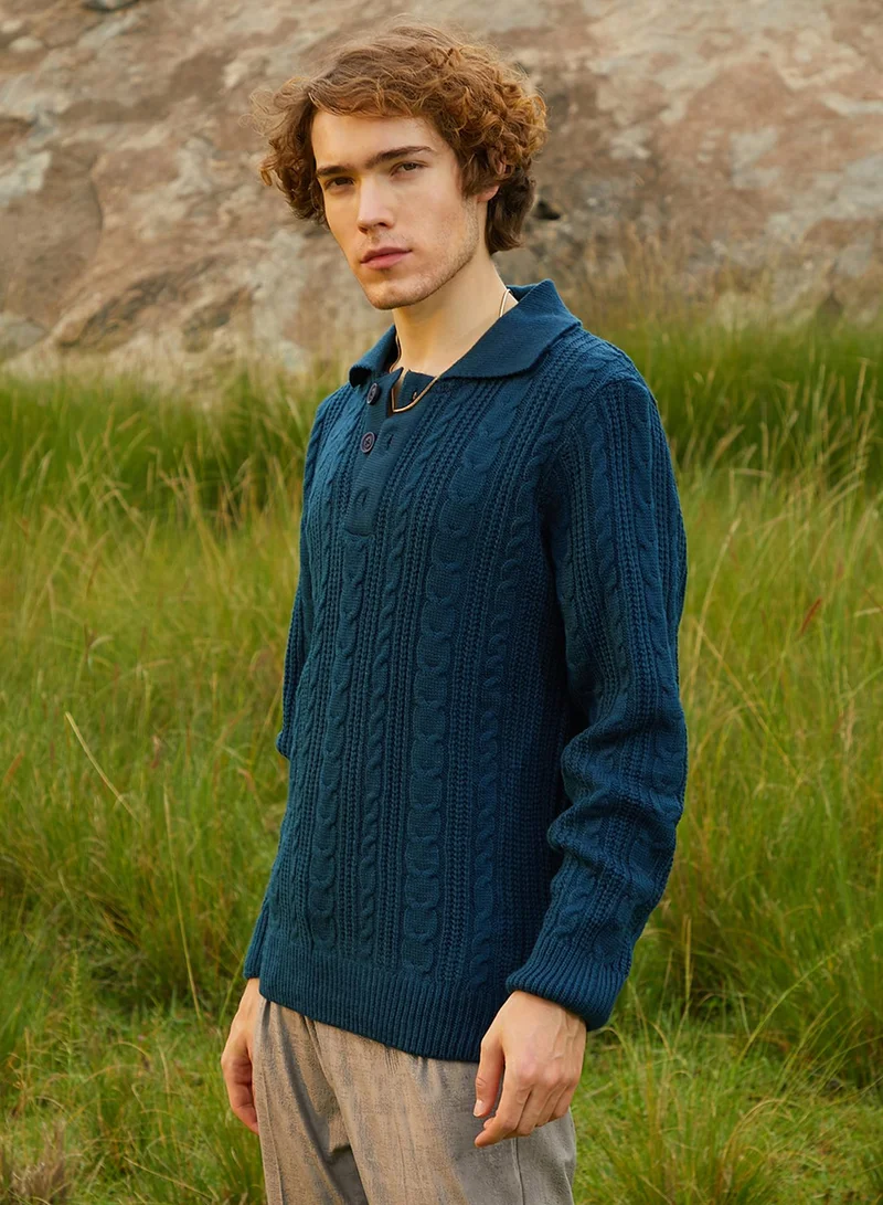 كامبوس سوترا Men's Admiral Blue Braid-Knit Collared Sweater