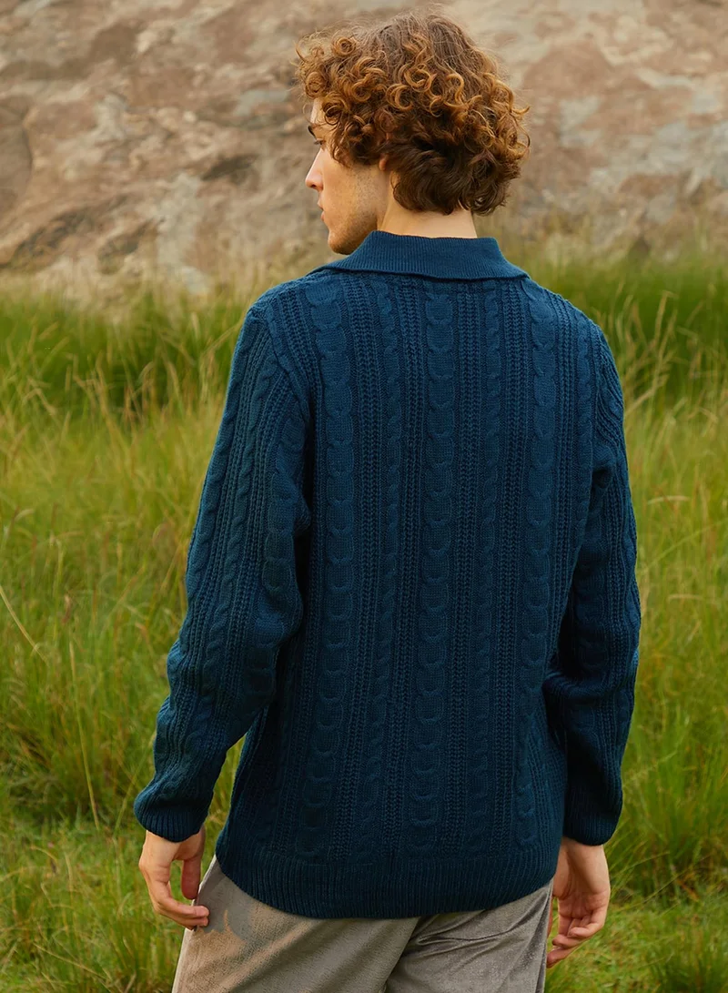 كامبوس سوترا Men's Admiral Blue Braid-Knit Collared Sweater