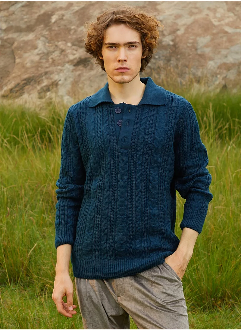 Campus Sutra Men's Admiral Blue Braid-Knit Collared Sweater