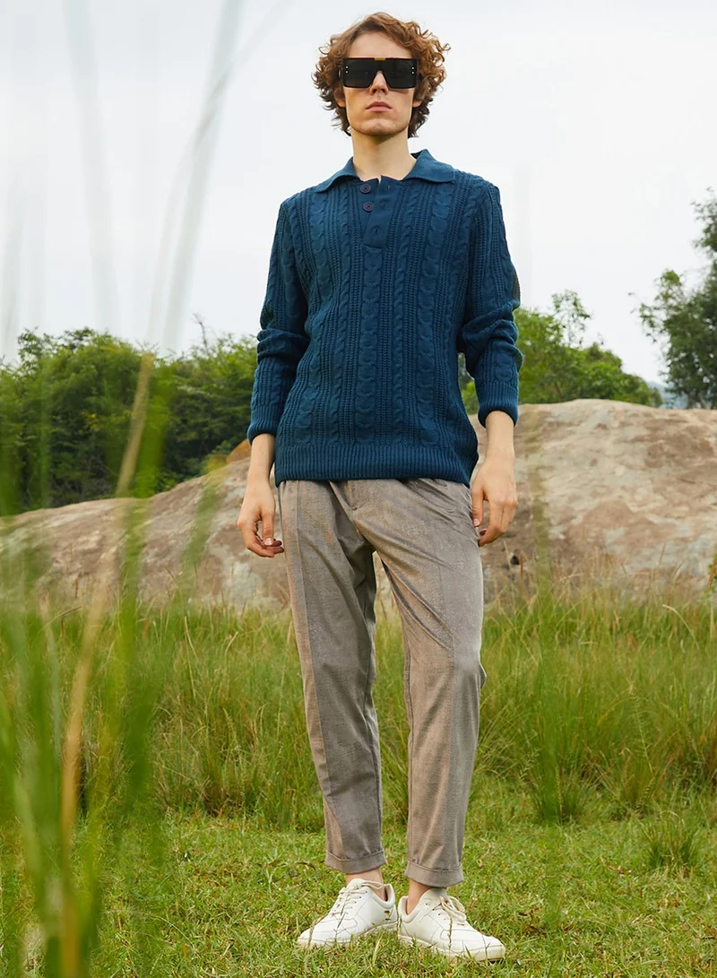 كامبوس سوترا Men's Admiral Blue Braid-Knit Collared Sweater