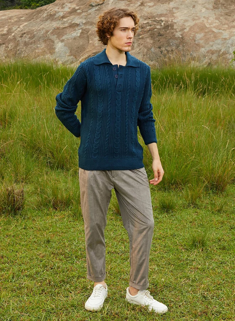 كامبوس سوترا Men's Admiral Blue Braid-Knit Collared Sweater