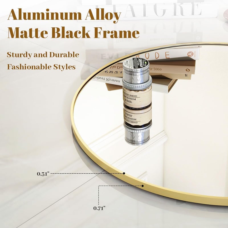 TNTAIAHL Black Round Bathroom Mirror, 24 inch Circle Mirror, Round Wall Mirror with Simple Metal Frame, Modern Round Hanging Mirror for Bathroom, Hallway, Living Room (Gold, 20x20) - Image 2