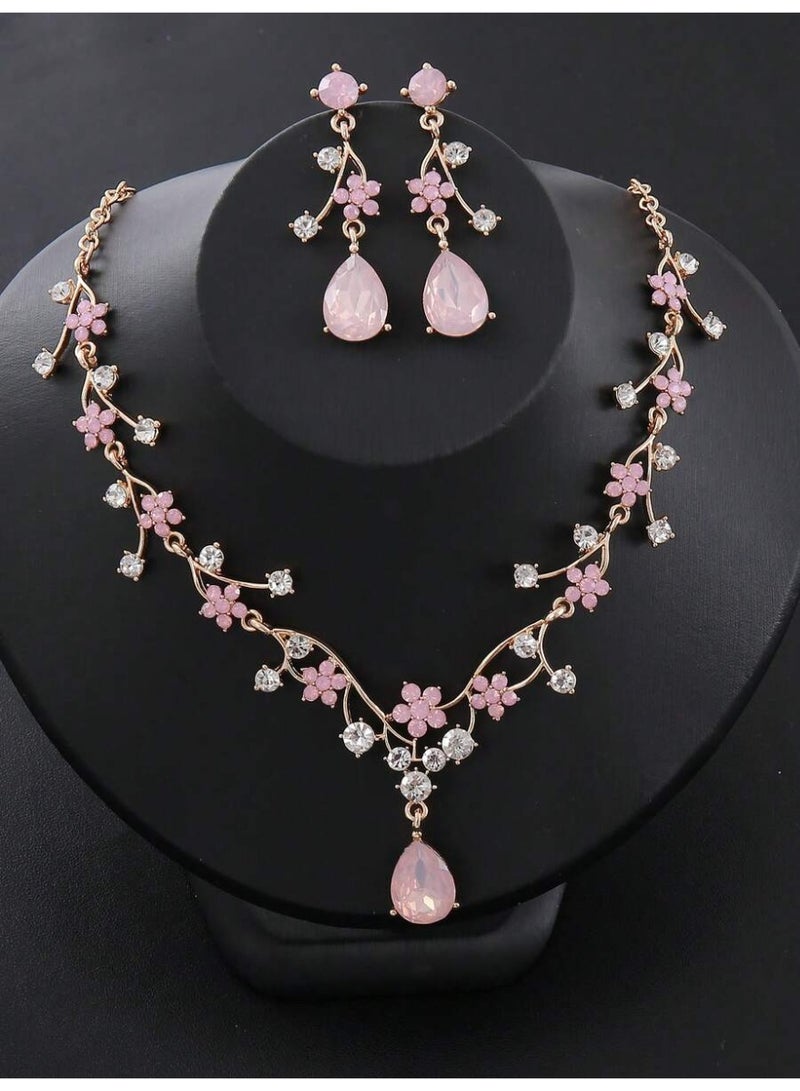 Luxury Women’s Jewelry Set Including Earrings and a Necklace, Featuring an Elegant Design for Brides and Special Occasions, in Light Pink That Adds Shine and Charm to Your Look. - Image 1