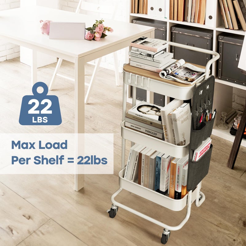 DTK 3 Tier Metal Utility Rolling Cart with Table Top and Side Bags, Metal Tray Storage Organizer Cart with Wheels, Art Craft Cart with 4 Hooks for Kitchen Bathroom Office Living Room (White) - Image 3