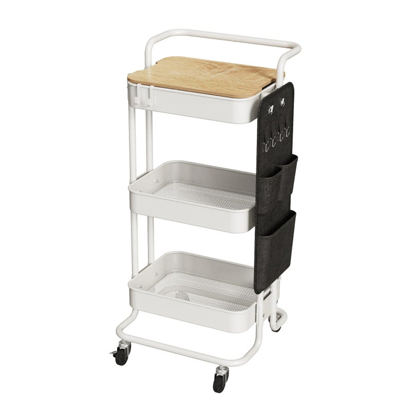 DTK 3 Tier Metal Utility Rolling Cart with Table Top and Side Bags, Metal Tray Storage Organizer Cart with Wheels, Art Craft Cart with 4 Hooks for Kitchen Bathroom Office Living Room (White) - Image 1